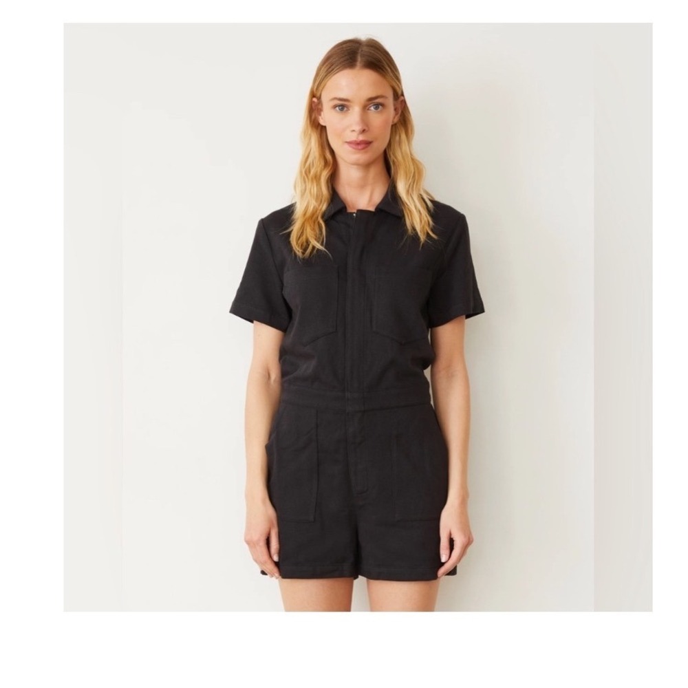 Monrow Soft Twill Romper Womens Small Black Short Sleeve Utility Zip‎ Front New